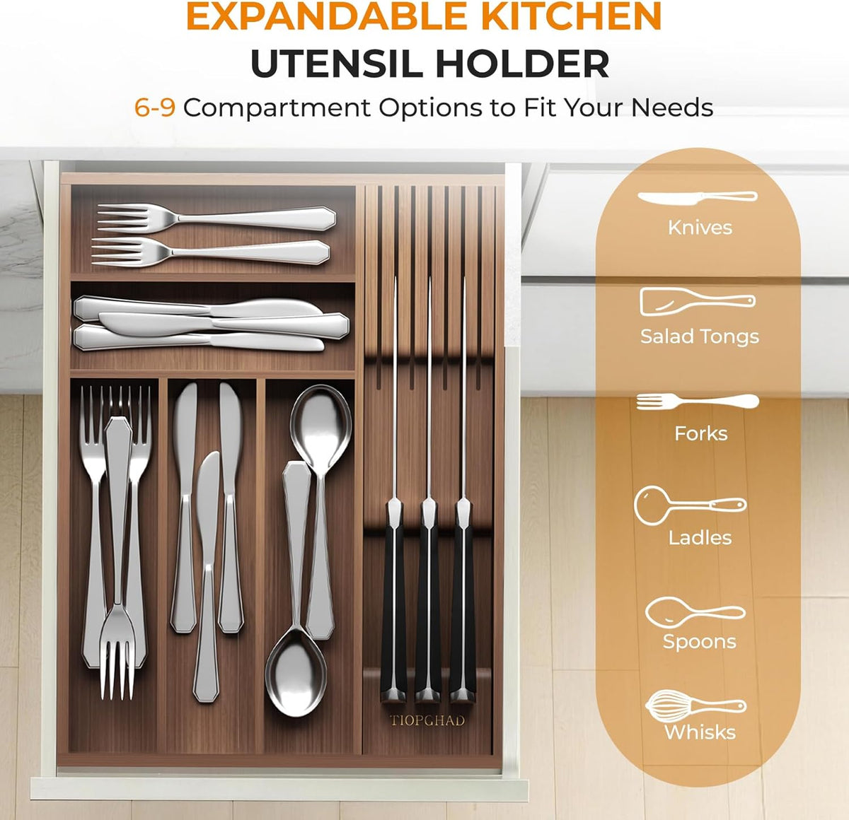 Expandable Bamboo Silverware Drawer Organizer Kitchen Tray, White