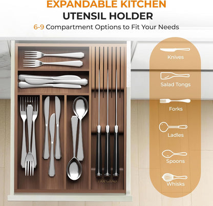 Expandable Bamboo Silverware Drawer Organizer Kitchen Tray, White