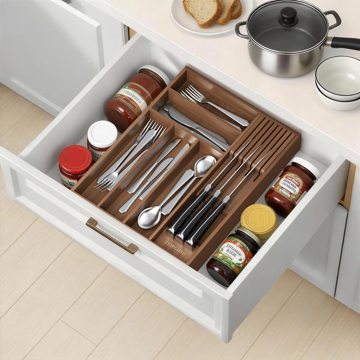 Expandable Bamboo Silverware Drawer Organizer Kitchen Tray, White