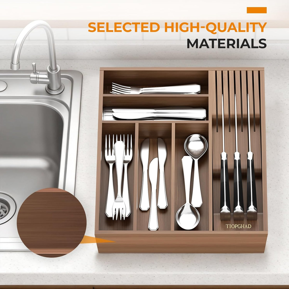 Expandable Bamboo Silverware Drawer Organizer Kitchen Tray, White