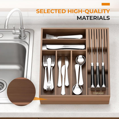 Expandable Bamboo Silverware Drawer Organizer Kitchen Tray, White