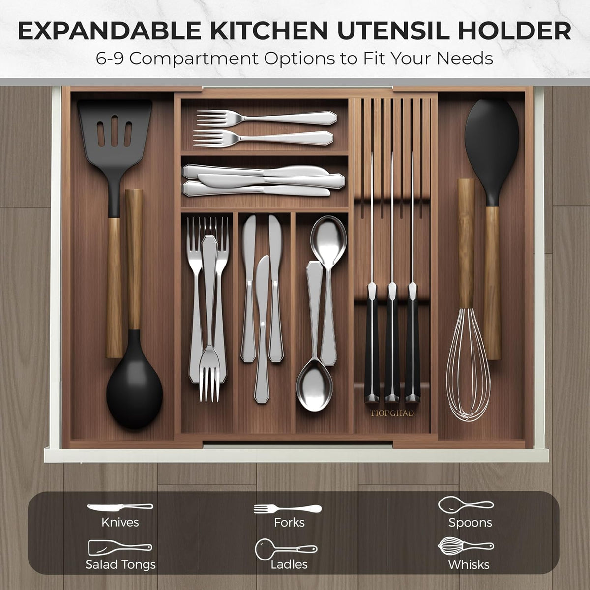 Expandable Bamboo Silverware Drawer Organizer Kitchen Tray, White