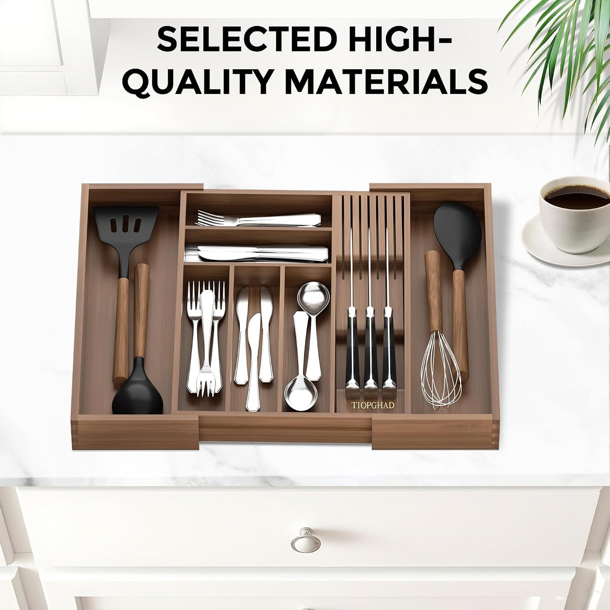 Expandable Bamboo Silverware Drawer Organizer Kitchen Tray, White