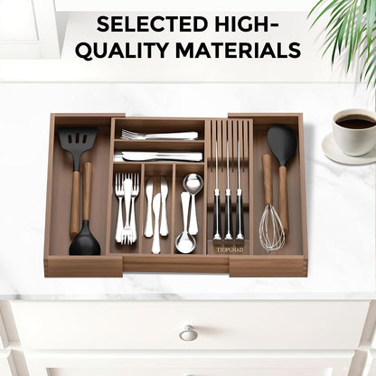 Expandable Bamboo Silverware Drawer Organizer Kitchen Tray, White