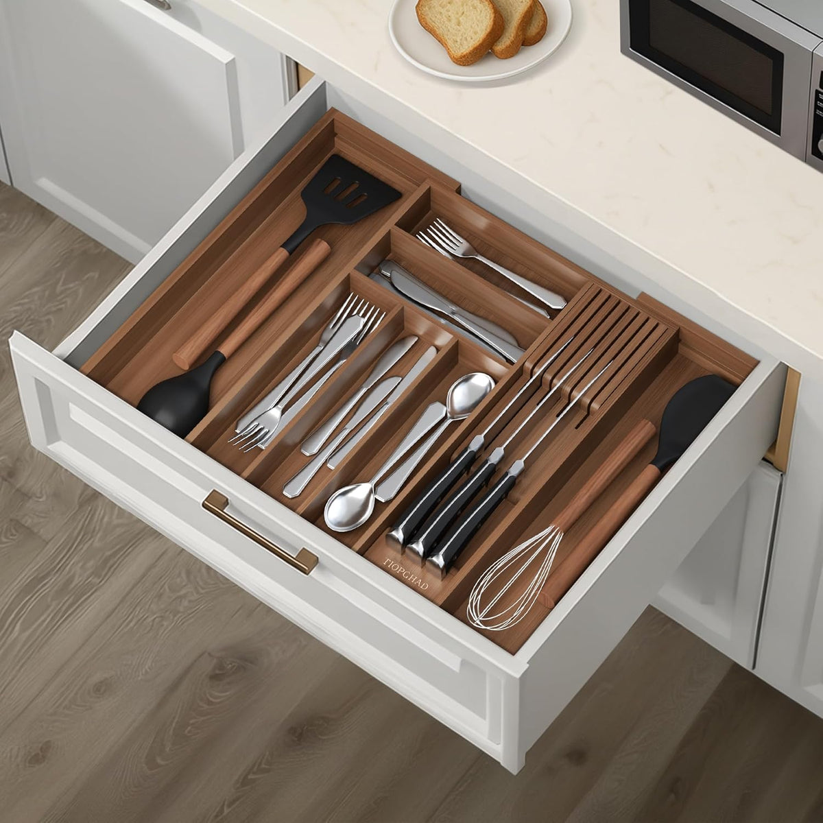 Expandable Bamboo Silverware Drawer Organizer Kitchen Tray, White