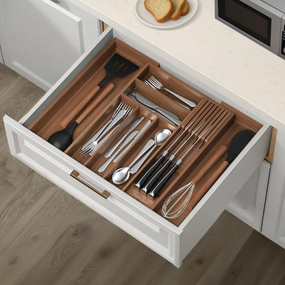 Expandable Bamboo Silverware Drawer Organizer Kitchen Tray, White