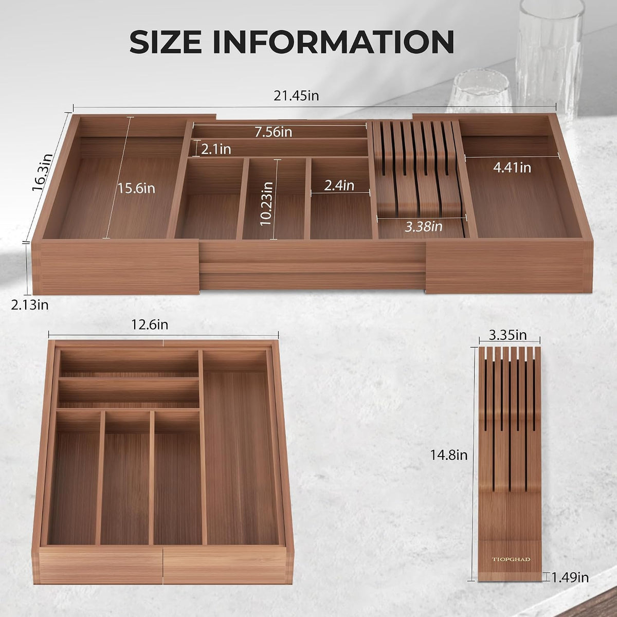 Expandable Bamboo Silverware Drawer Organizer Kitchen Tray, White