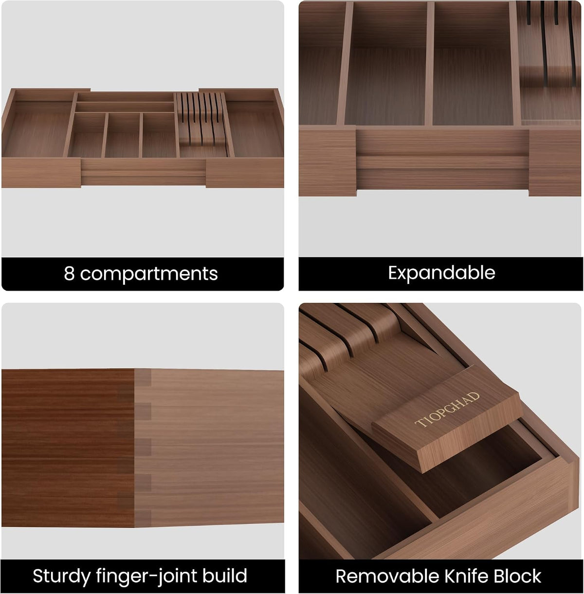 Expandable Bamboo Silverware Drawer Organizer Kitchen Tray, White