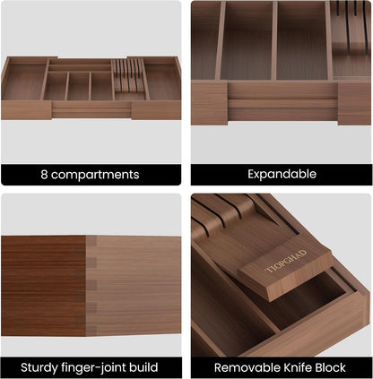 Expandable Bamboo Silverware Drawer Organizer Kitchen Tray, White