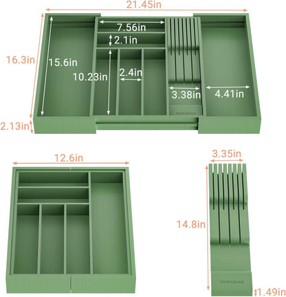 Expandable Bamboo Silverware Drawer Organizer Kitchen Tray, White