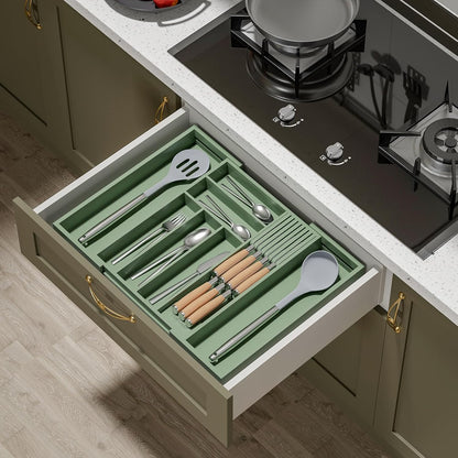 Expandable Bamboo Silverware Drawer Organizer Kitchen Tray, White