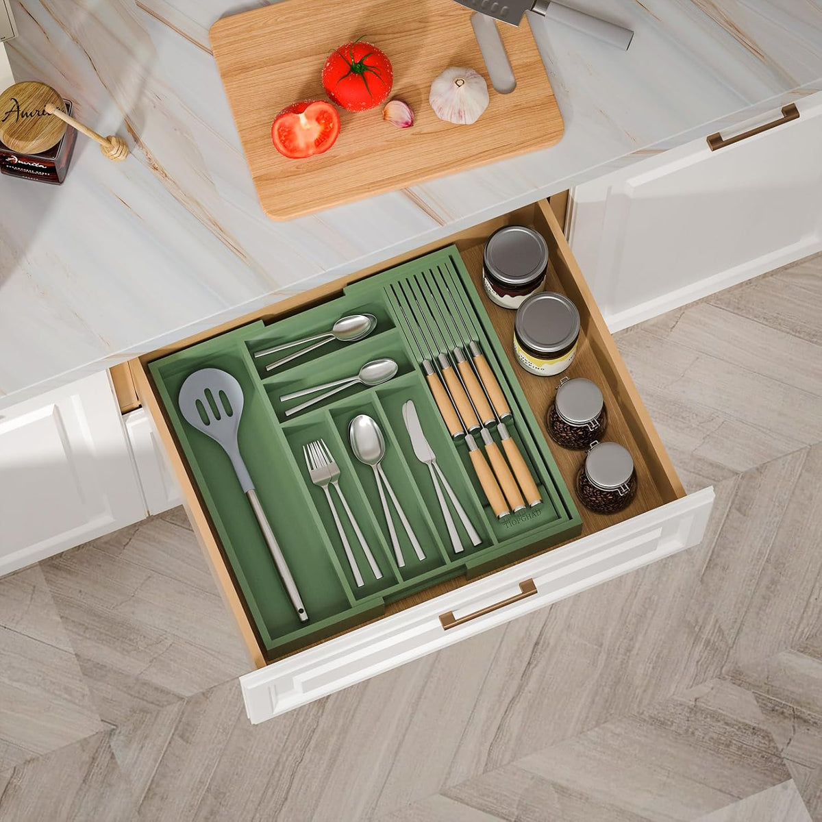 Expandable Bamboo Silverware Drawer Organizer Kitchen Tray, White