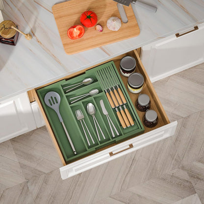 Expandable Bamboo Silverware Drawer Organizer Kitchen Tray, White