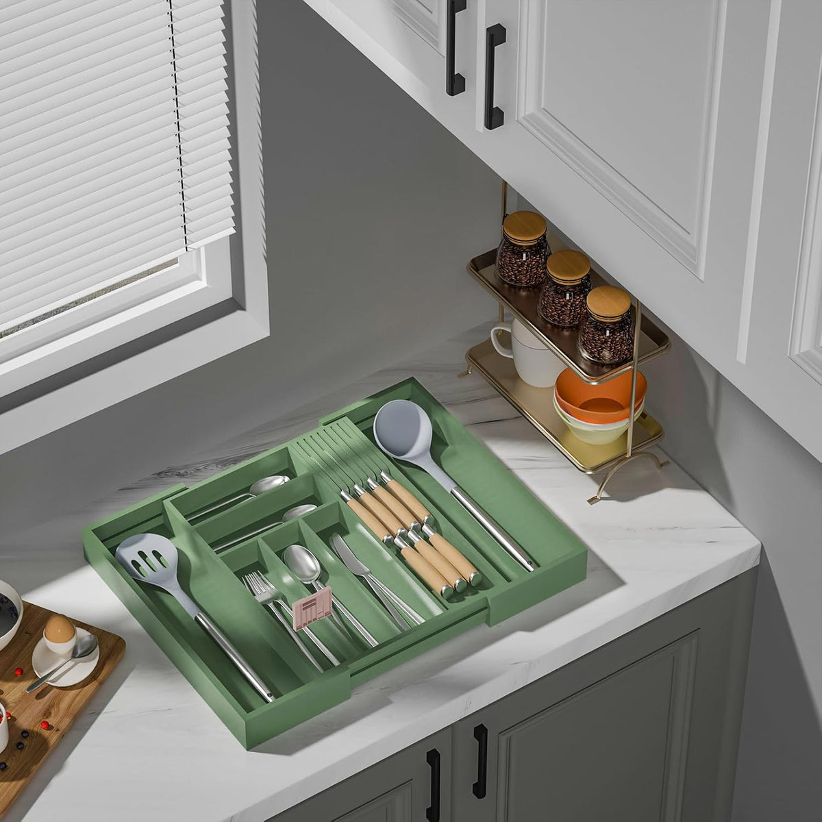 Expandable Bamboo Silverware Drawer Organizer Kitchen Tray, White