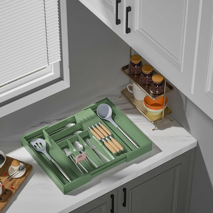 Expandable Bamboo Silverware Drawer Organizer Kitchen Tray, White