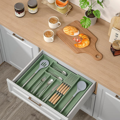 Expandable Bamboo Silverware Drawer Organizer Kitchen Tray, White