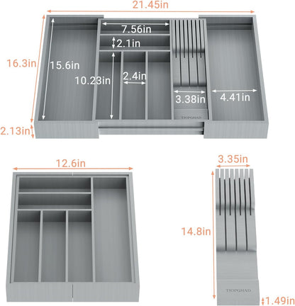 Expandable Bamboo Silverware Drawer Organizer Kitchen Tray, White