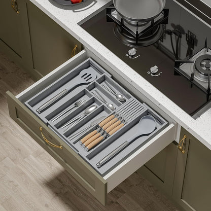 Expandable Bamboo Silverware Drawer Organizer Kitchen Tray, White