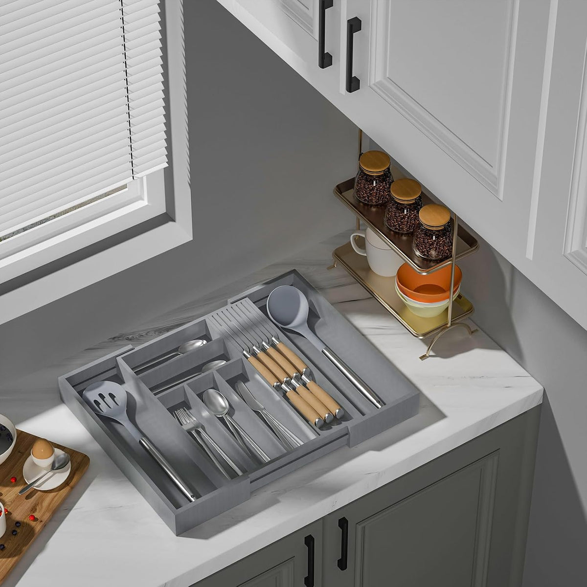 Expandable Bamboo Silverware Drawer Organizer Kitchen Tray, White