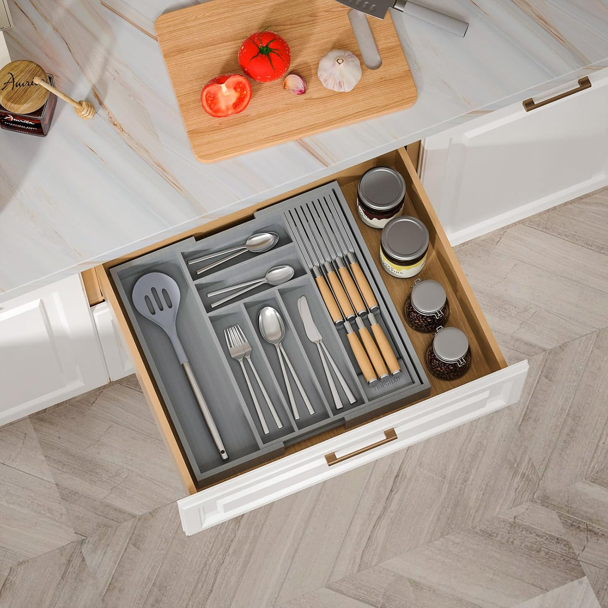 Expandable Bamboo Silverware Drawer Organizer Kitchen Tray, White