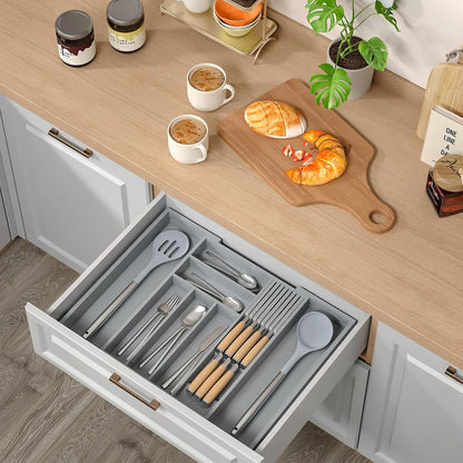 Expandable Bamboo Silverware Drawer Organizer Kitchen Tray, White