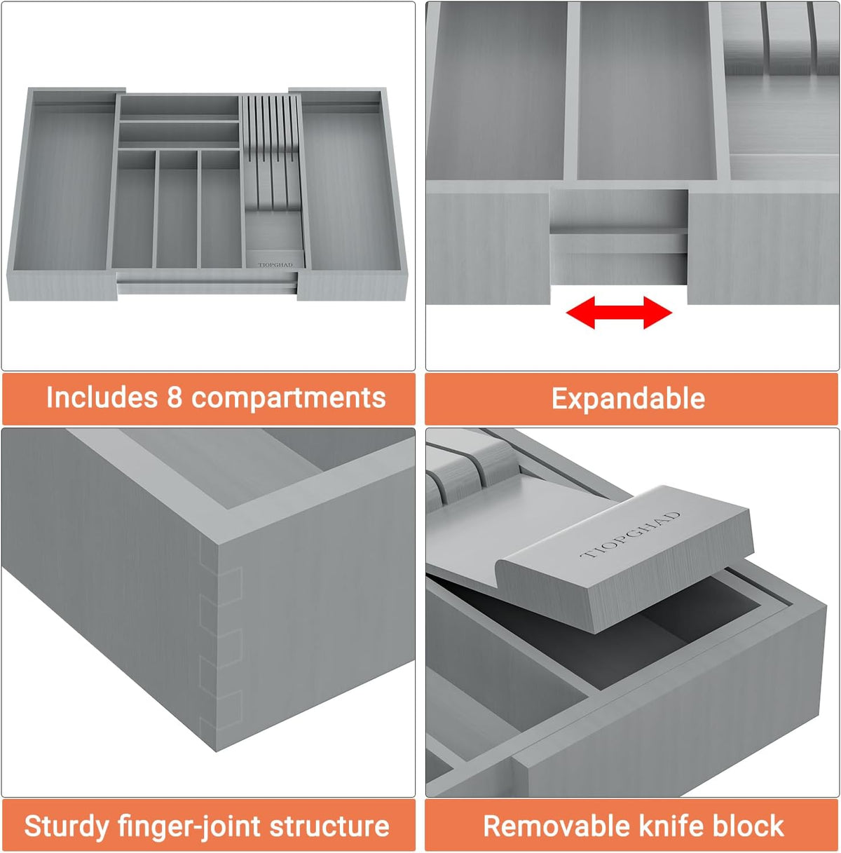 Expandable Bamboo Silverware Drawer Organizer Kitchen Tray, White