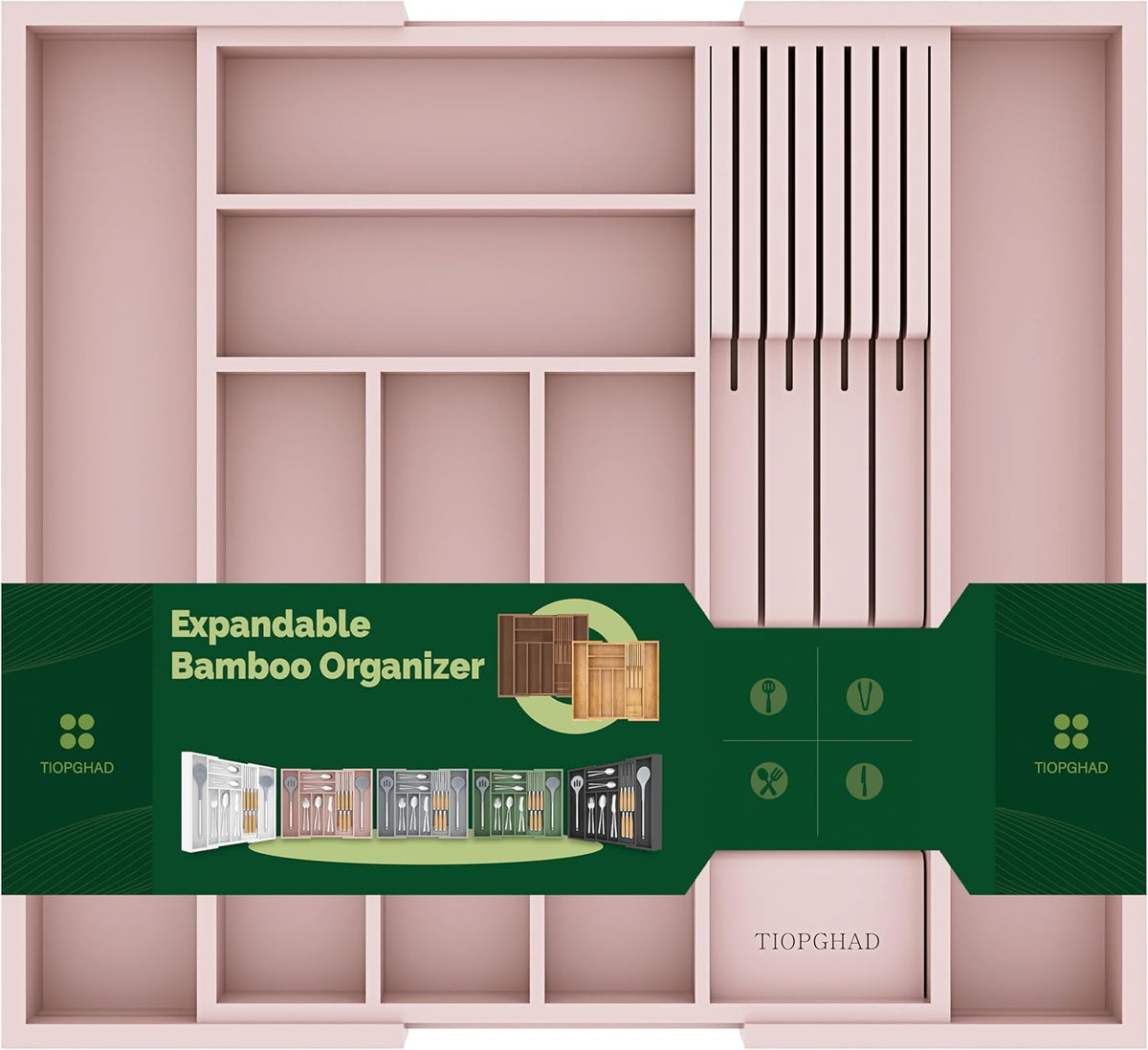 Expandable Bamboo Silverware Drawer Organizer Kitchen Tray, White