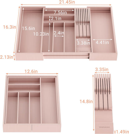 Expandable Bamboo Silverware Drawer Organizer Kitchen Tray, White