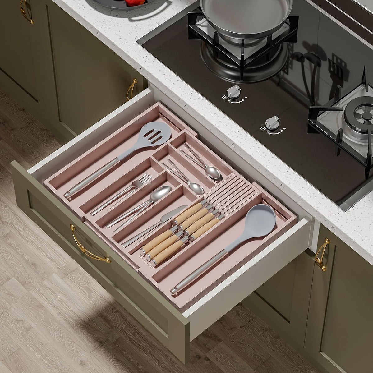 Expandable Bamboo Silverware Drawer Organizer Kitchen Tray, White