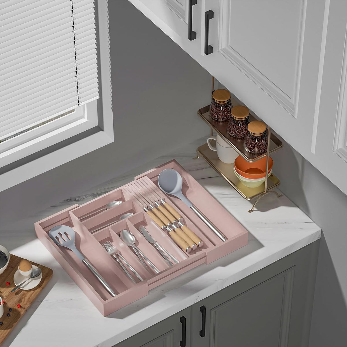 Expandable Bamboo Silverware Drawer Organizer Kitchen Tray, White