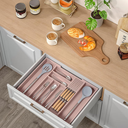 Expandable Bamboo Silverware Drawer Organizer Kitchen Tray, White