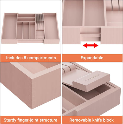 Expandable Bamboo Silverware Drawer Organizer Kitchen Tray, White
