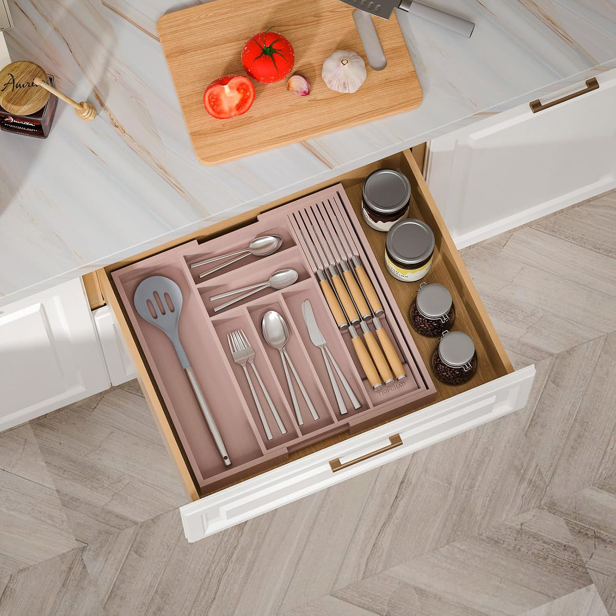Expandable Bamboo Silverware Drawer Organizer Kitchen Tray, White