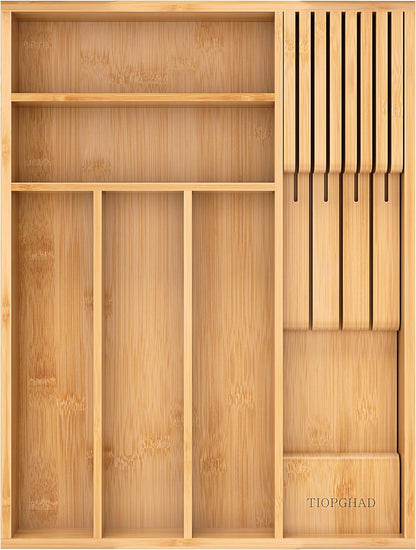 Expandable Bamboo Silverware Drawer Organizer Kitchen Tray, White