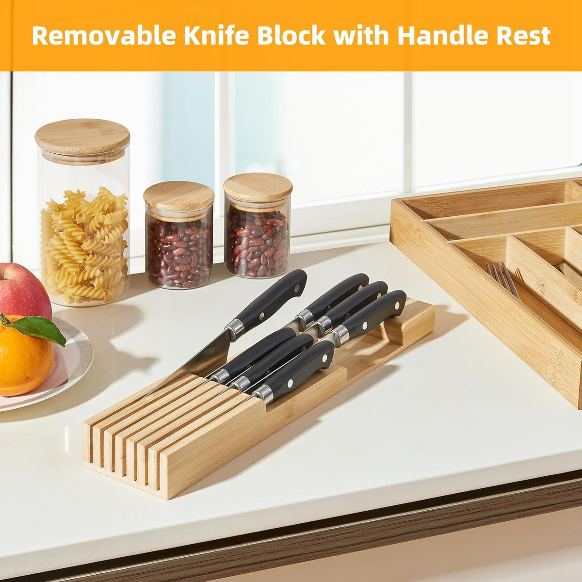 Expandable Bamboo Silverware Drawer Organizer Kitchen Tray, White