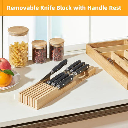 Expandable Bamboo Silverware Drawer Organizer Kitchen Tray, White