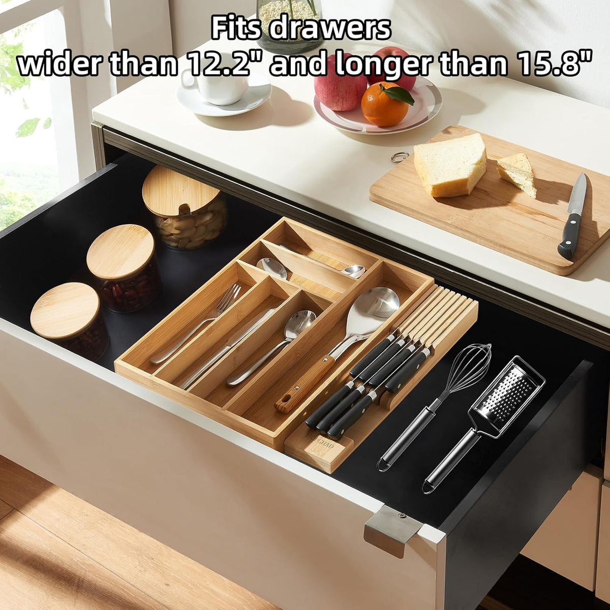 Expandable Bamboo Silverware Drawer Organizer Kitchen Tray, White