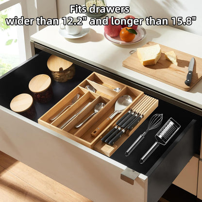 Expandable Bamboo Silverware Drawer Organizer Kitchen Tray, White