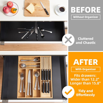 Expandable Bamboo Silverware Drawer Organizer Kitchen Tray, White