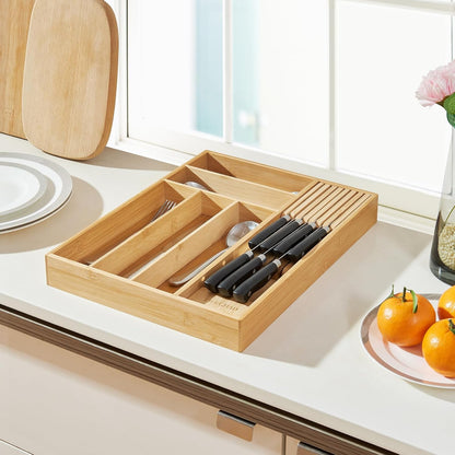 Expandable Bamboo Silverware Drawer Organizer Kitchen Tray, White