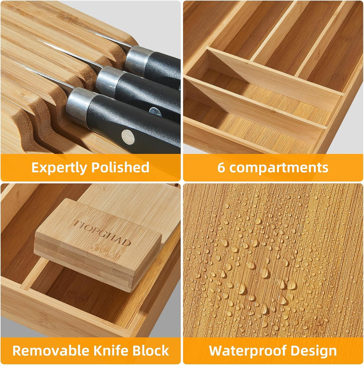Expandable Bamboo Silverware Drawer Organizer Kitchen Tray, White