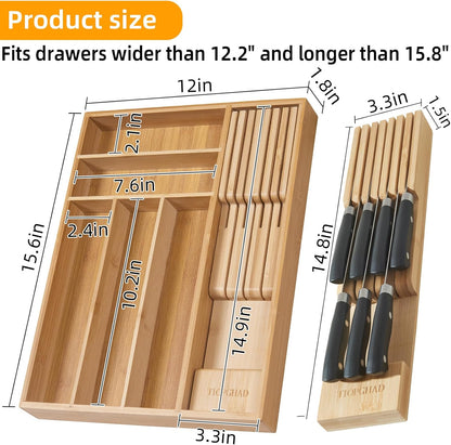 Expandable Bamboo Silverware Drawer Organizer Kitchen Tray, White