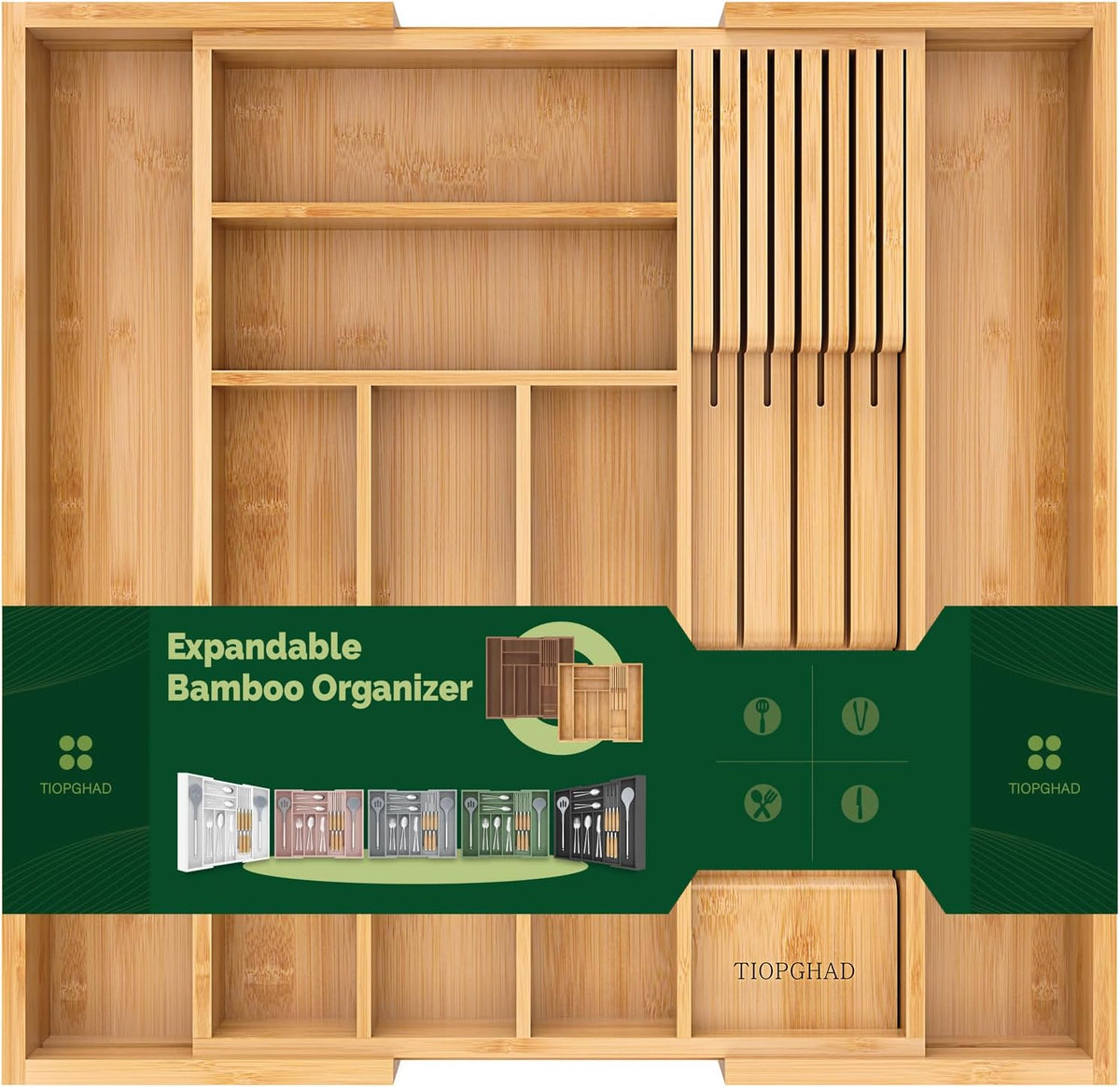 Expandable Bamboo Silverware Drawer Organizer Kitchen Tray, White