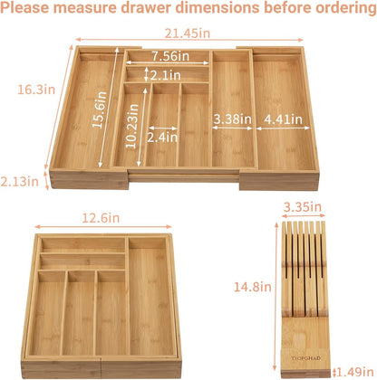 Expandable Bamboo Silverware Drawer Organizer Kitchen Tray, White