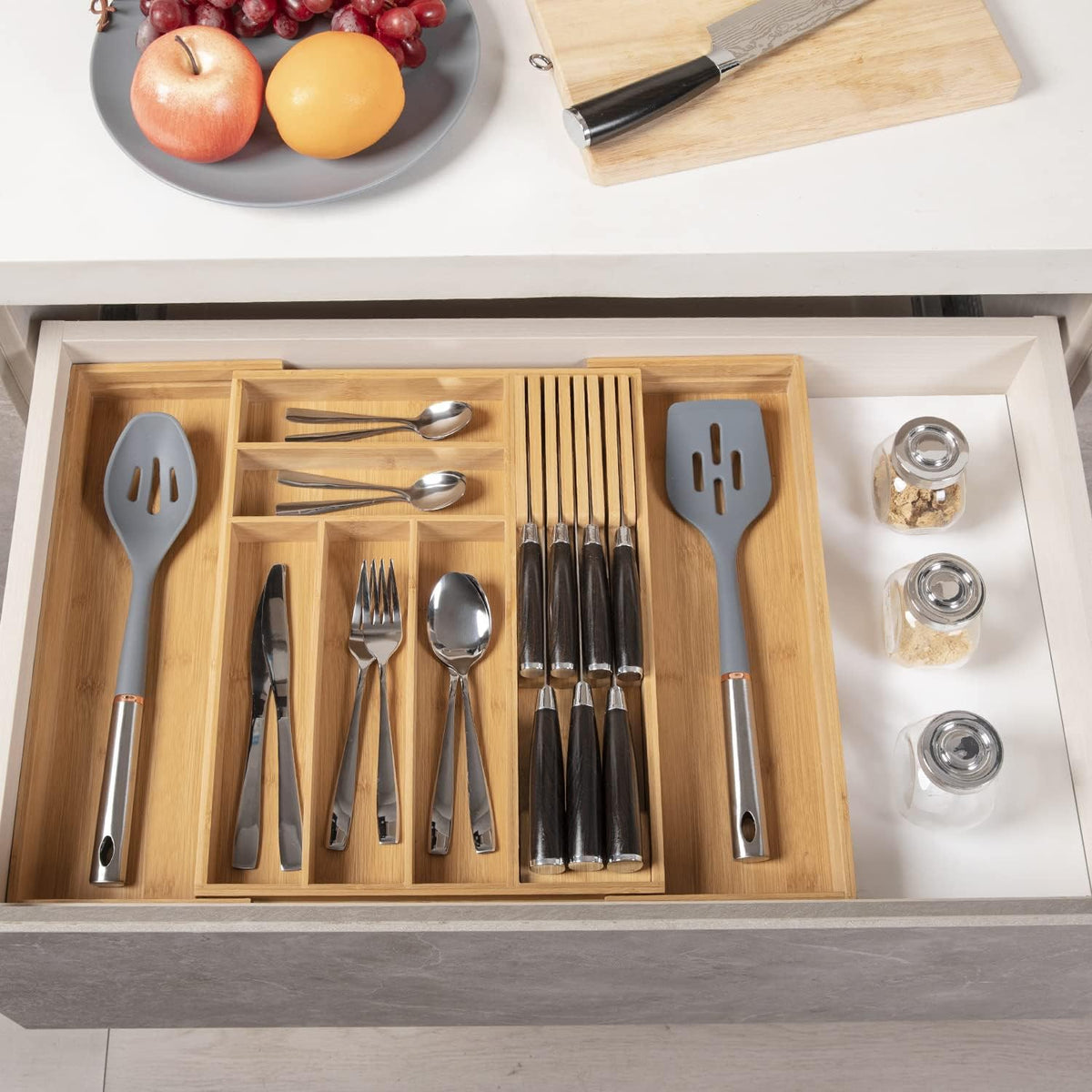 Expandable Bamboo Silverware Drawer Organizer Kitchen Tray, White