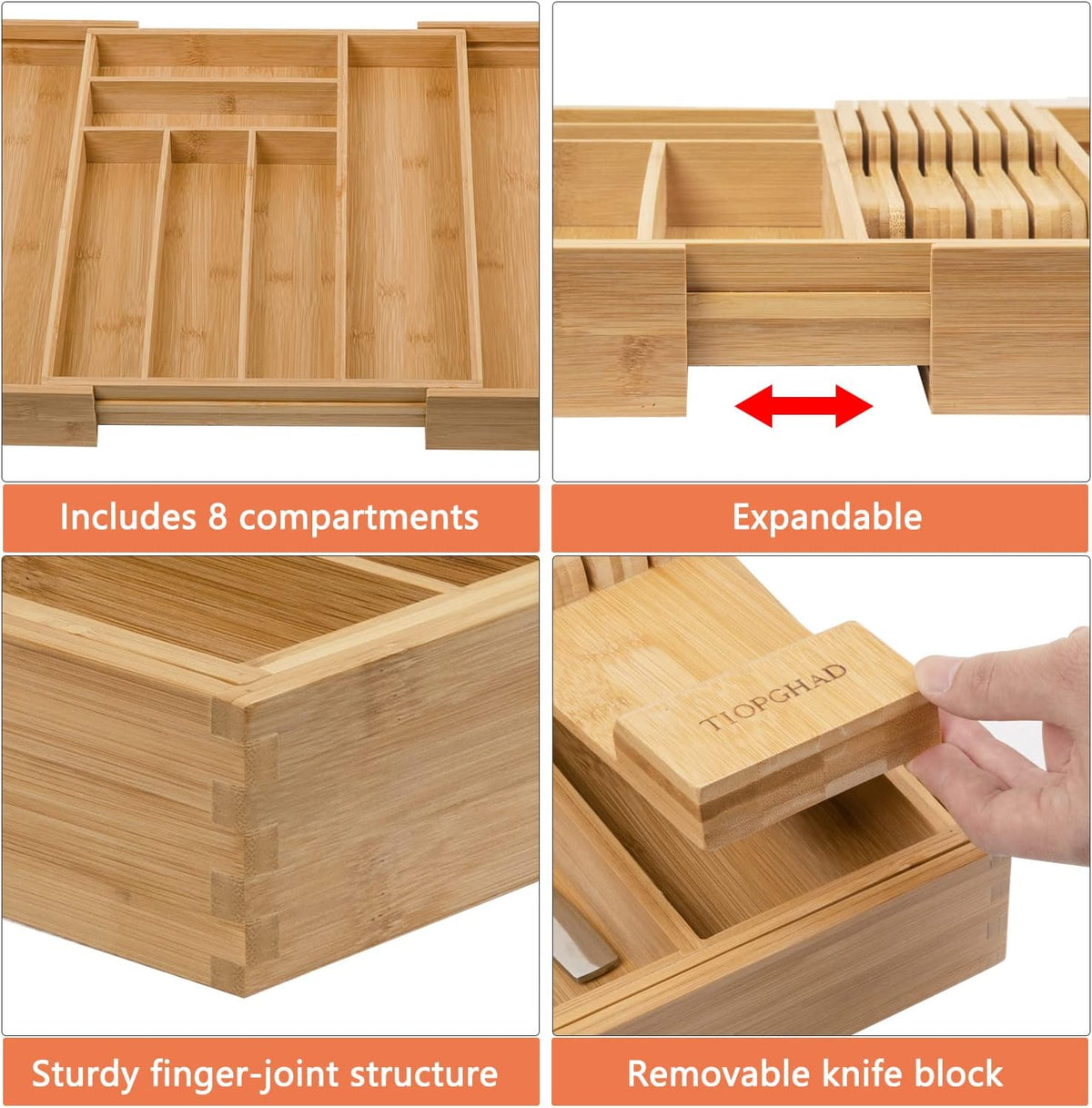 Expandable Bamboo Silverware Drawer Organizer Kitchen Tray, White