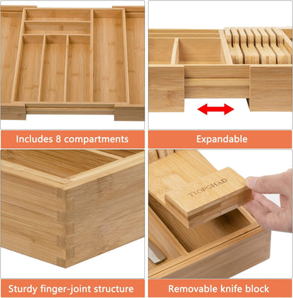 Expandable Bamboo Silverware Drawer Organizer Kitchen Tray, White
