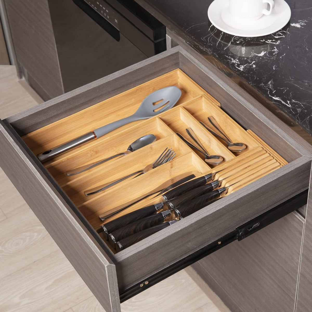 Expandable Bamboo Silverware Drawer Organizer Kitchen Tray, White
