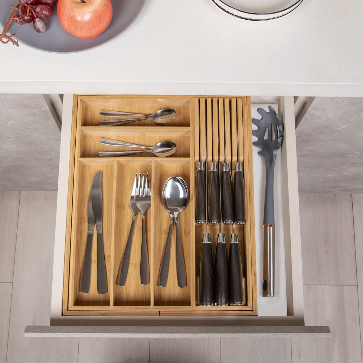 Expandable Bamboo Silverware Drawer Organizer Kitchen Tray, White