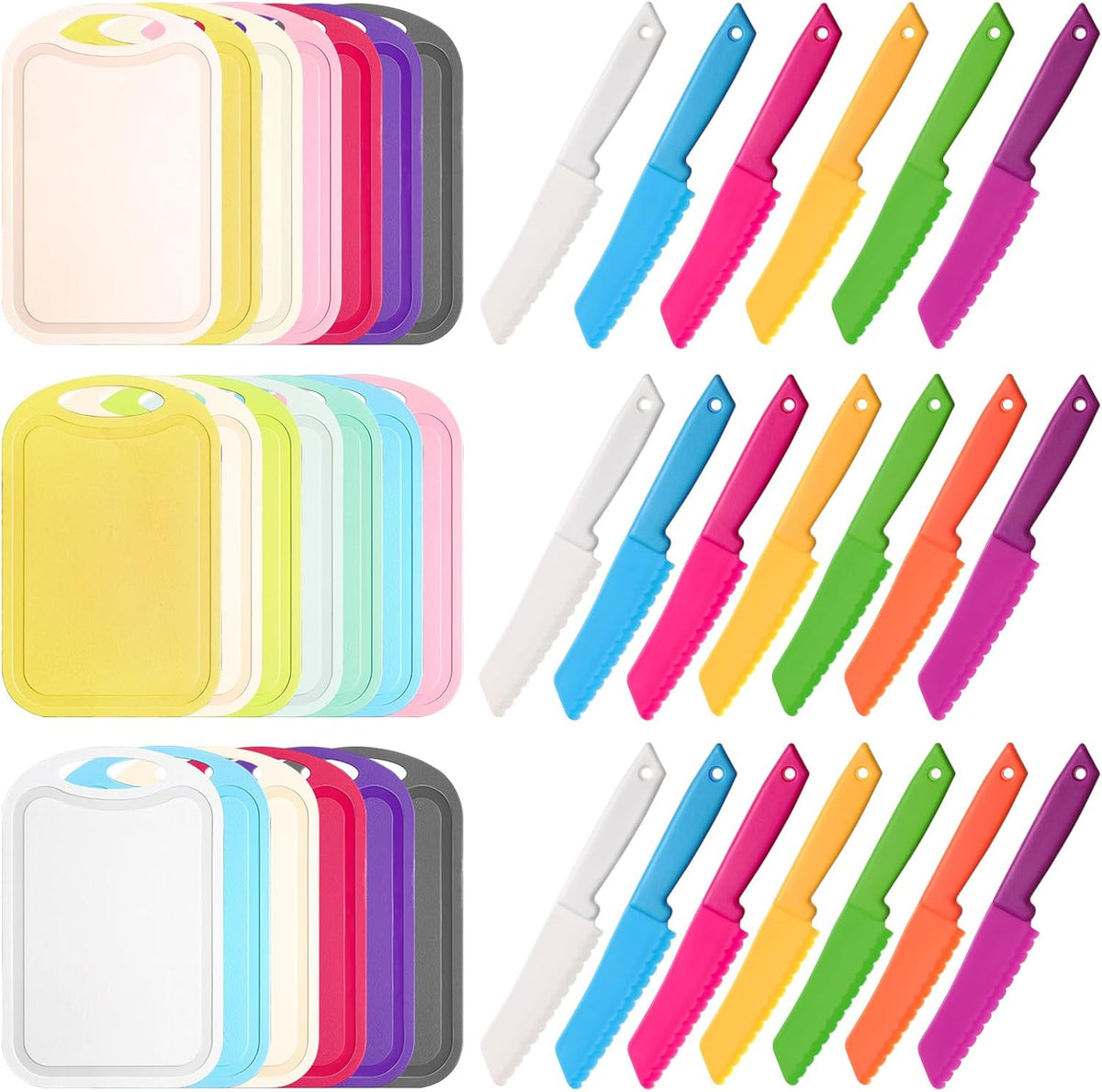 60 Pcs Kids Knife Set Kids Plastic Knife with Cutting Board Toddler Knifes Serrated Edges Kids Chopping Board Kids Cooking Utensils for Salad Fruit Preschool Cooking Class Party